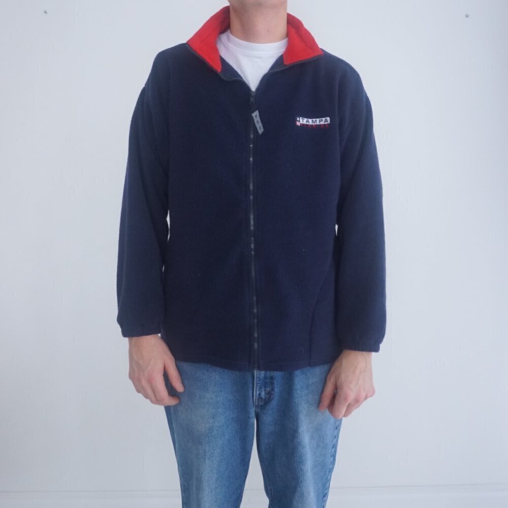 Vintage Blue And Red Fleece Tampa Florida Zip Up Sweater Large Made In USA
